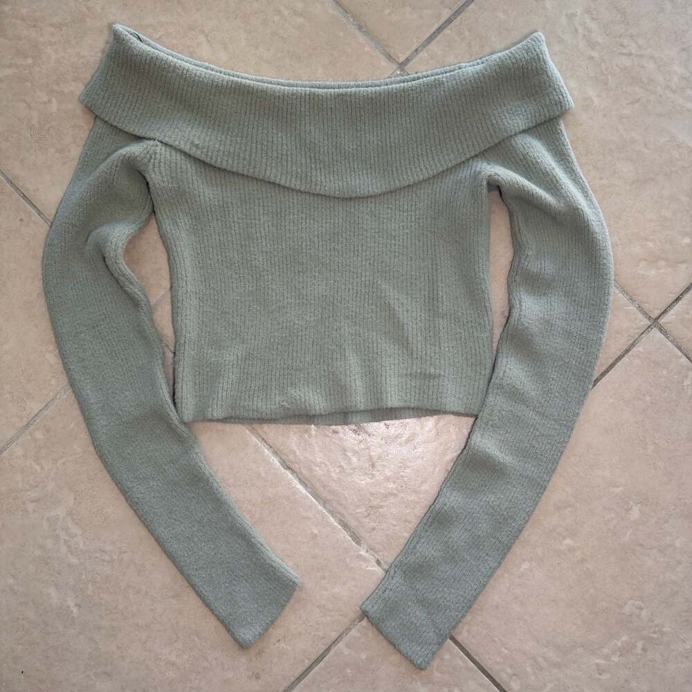 American Eagle Sage Green Ribbed Off-the-Shoulder Long Sleeve Sweater